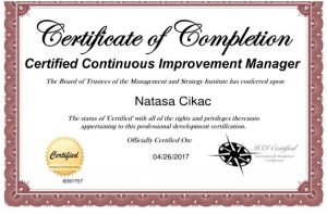 Nataša Cikač - certifikat CCIM, Certified Continuous Improvement Manager